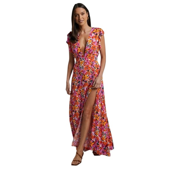 ShowPo - Dyliah Thigh Split Frill Shoulder Plunge Neck Dress Spring Flora Sz 14 - Picture 1 of 7